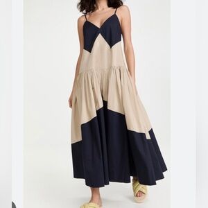 Lee Mathews Elsie Bicolor Cotton Midi Cami Dress Navy Sand Size 1